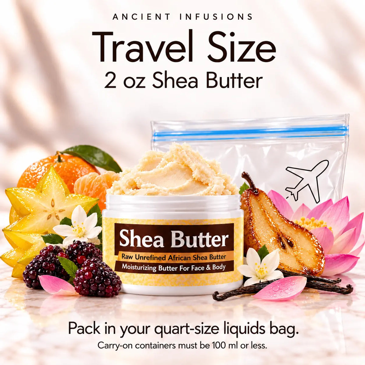 Two-ounce Nicki Minaj Pink Friday shea butter with quart-size liquids bag and carry-on packing guidance.