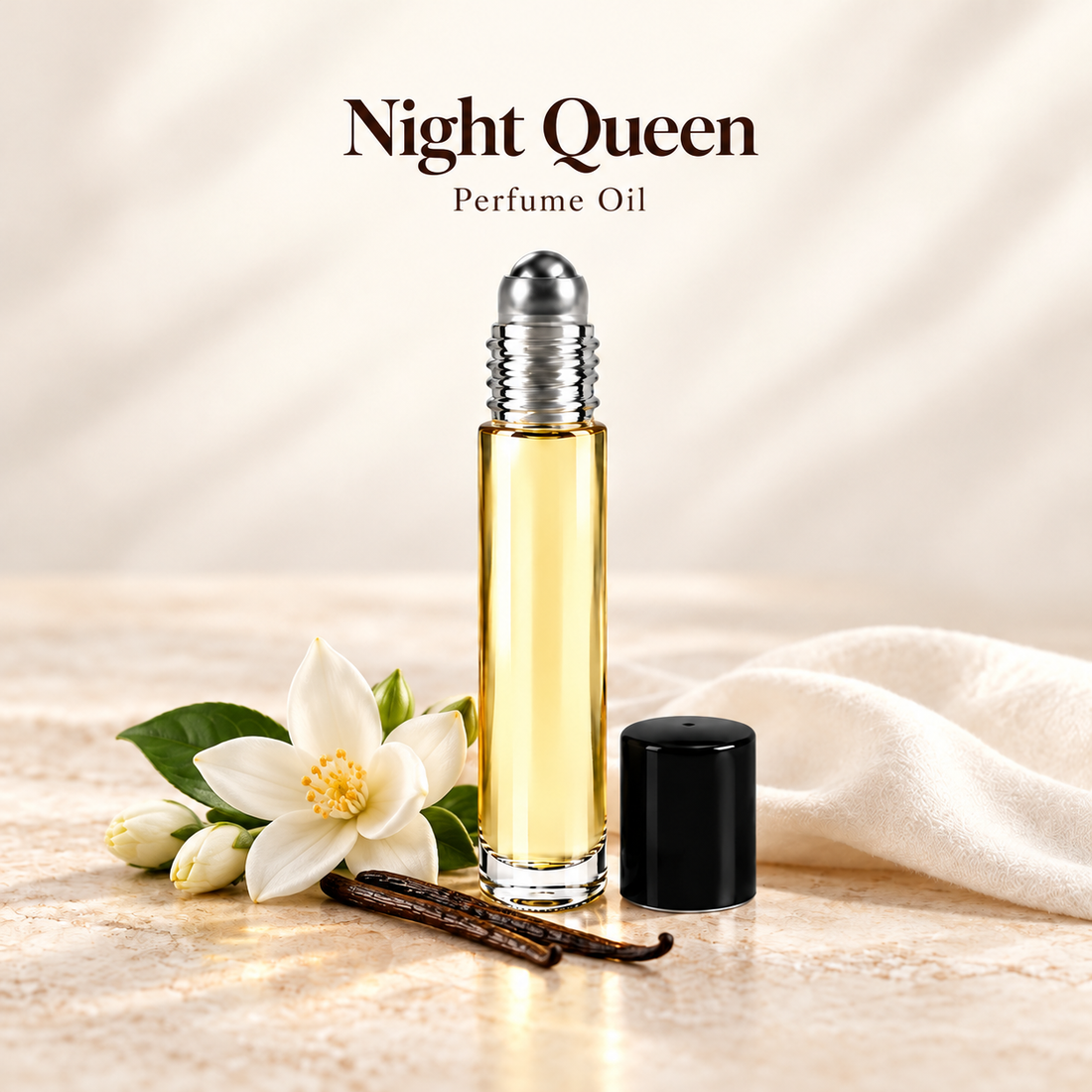 Night Queen Perfume Oil with simple scent note accents on soft ivory