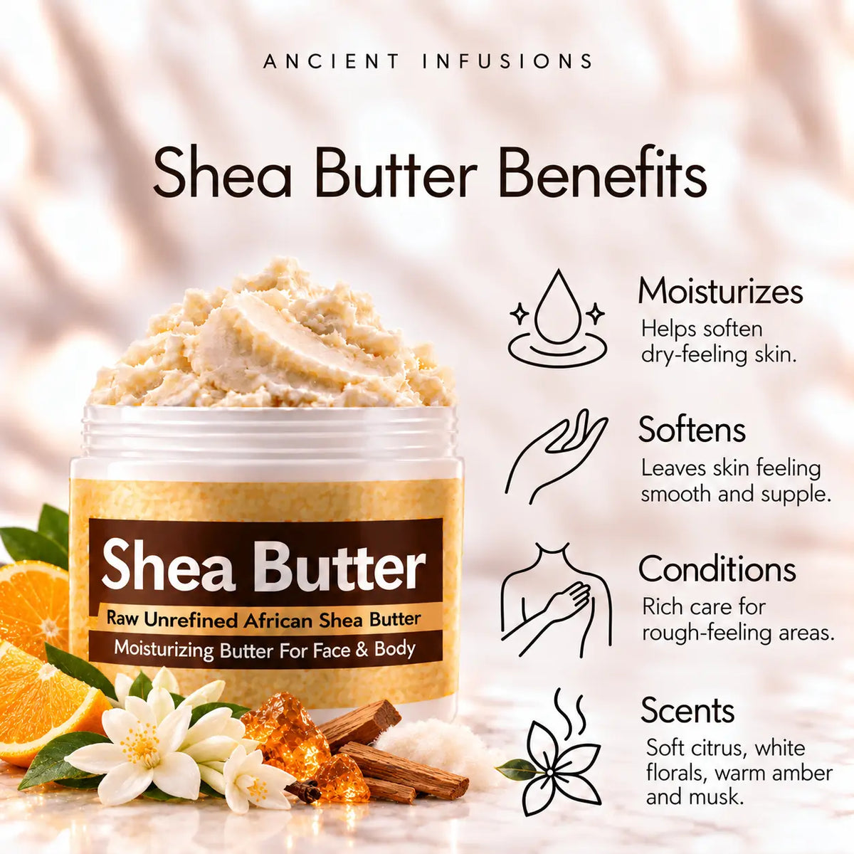 Night Queen shea butter moisturizing, softening, conditioning and soft citrus, white florals, warm amber and musk scented-skin benefits.