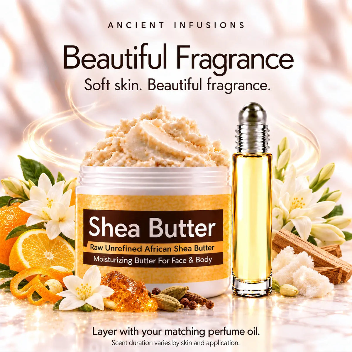 Night Queen shea butter and matching perfume oil for fragrance layering; scent duration varies.