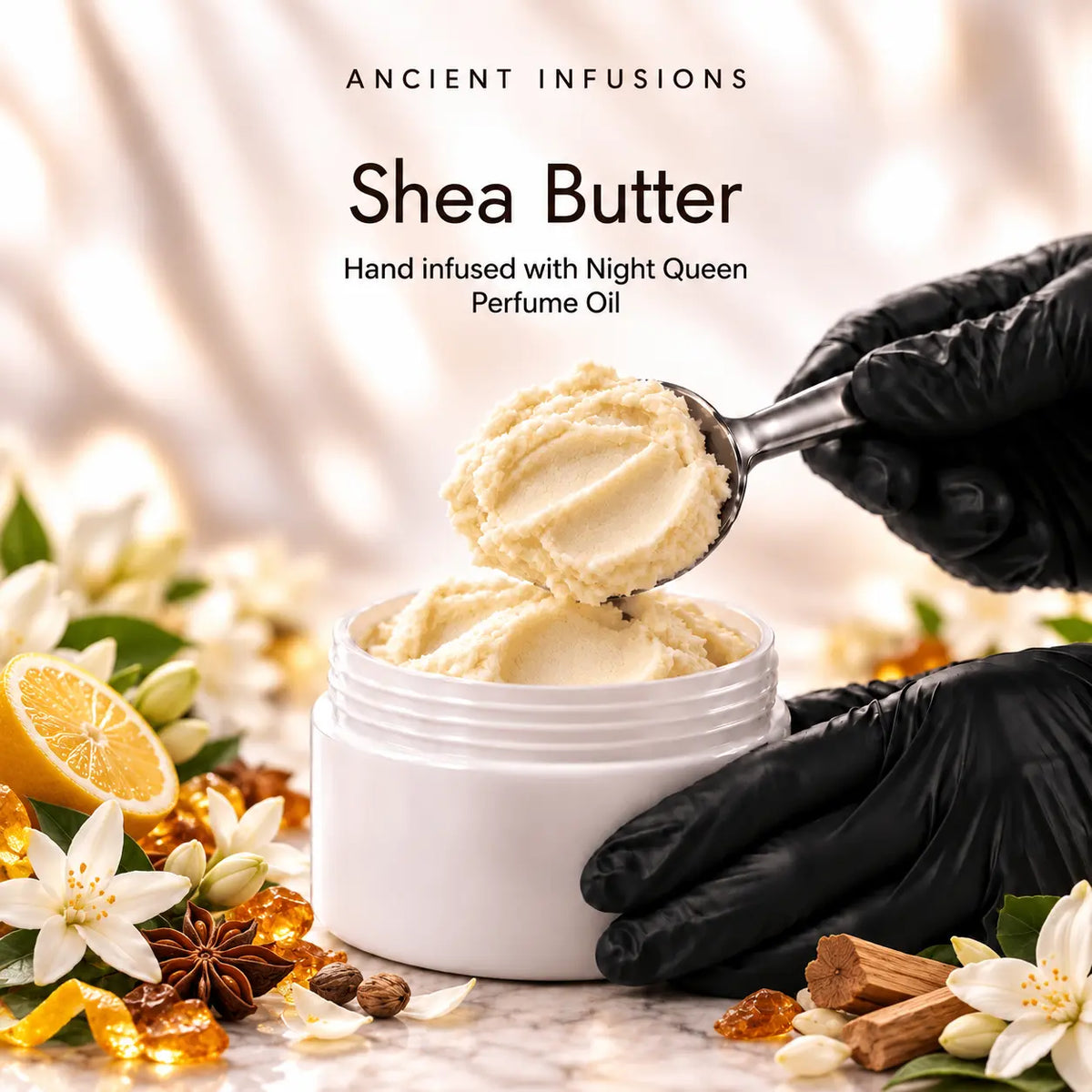 Black vinyl-gloved hands scoop raw shea butter hand infused with Night Queen perfume oil.