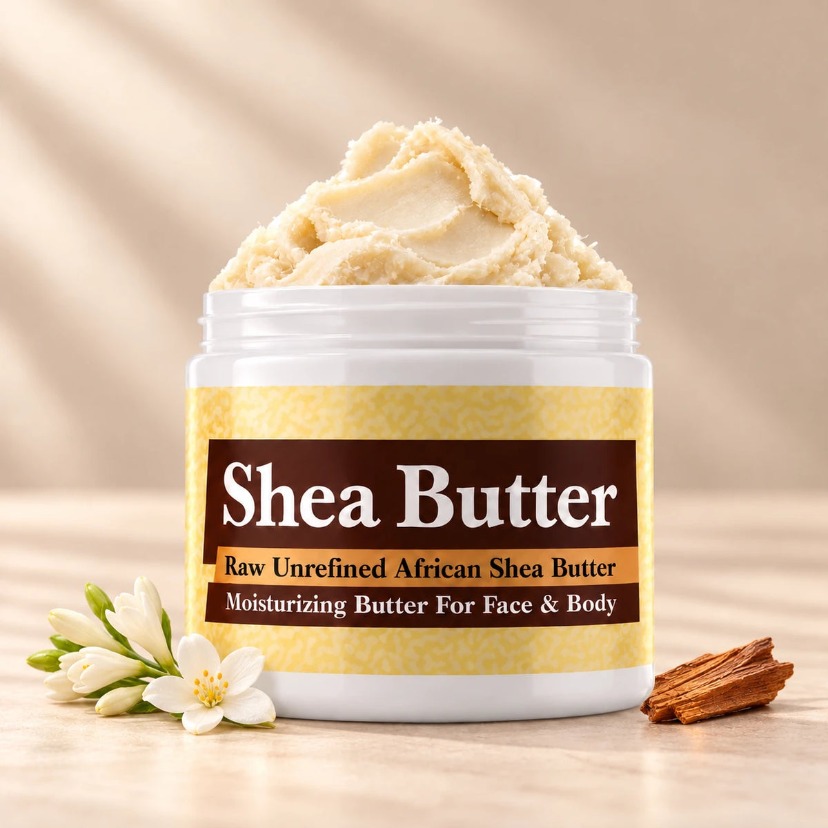 Night Queen Shea Butter in an open white jar with textured ivory shea butter and simple scent accents on a soft cream background.