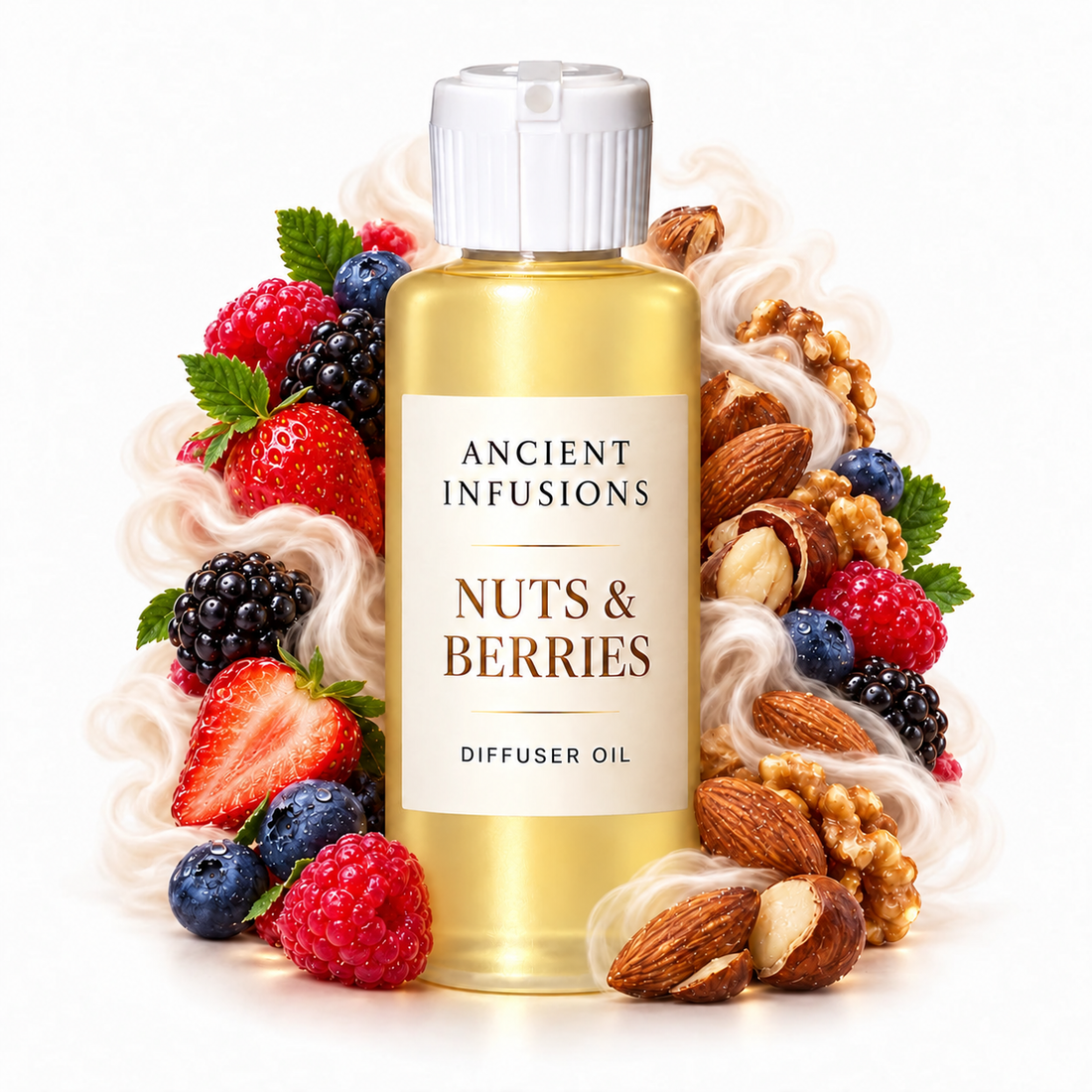 Nuts & Berries Diffuser Oil by Ancient Infusions with golden oil, white cap and matching scent artwork