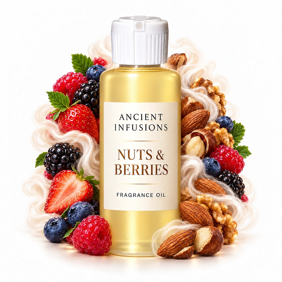 Nuts & Berries fragrance oil by Ancient Infusions, with pale yellow oil and a tight halo representing wild berries, roasted nuts, soft musk.