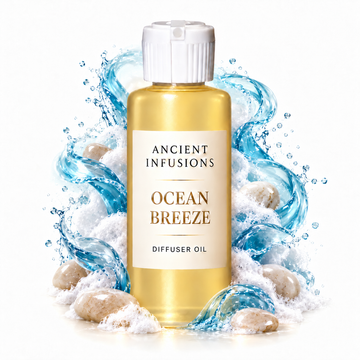 Ocean Breeze Diffuser Oil by Ancient Infusions in a golden oil bottle with scent artwork