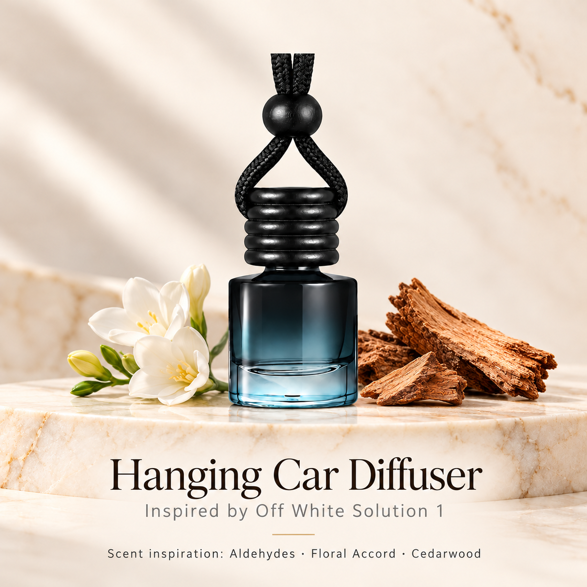 Hanging car diffuser inspired by Off White Solution 1, with scent illustrations on warm ivory stone