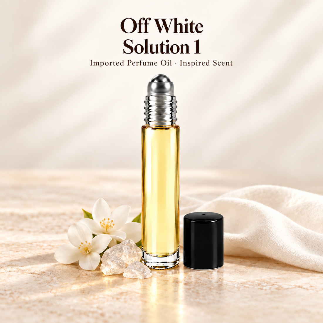 Off White Solution 1 Perfume Oil with minimal scent note accents on soft ivory