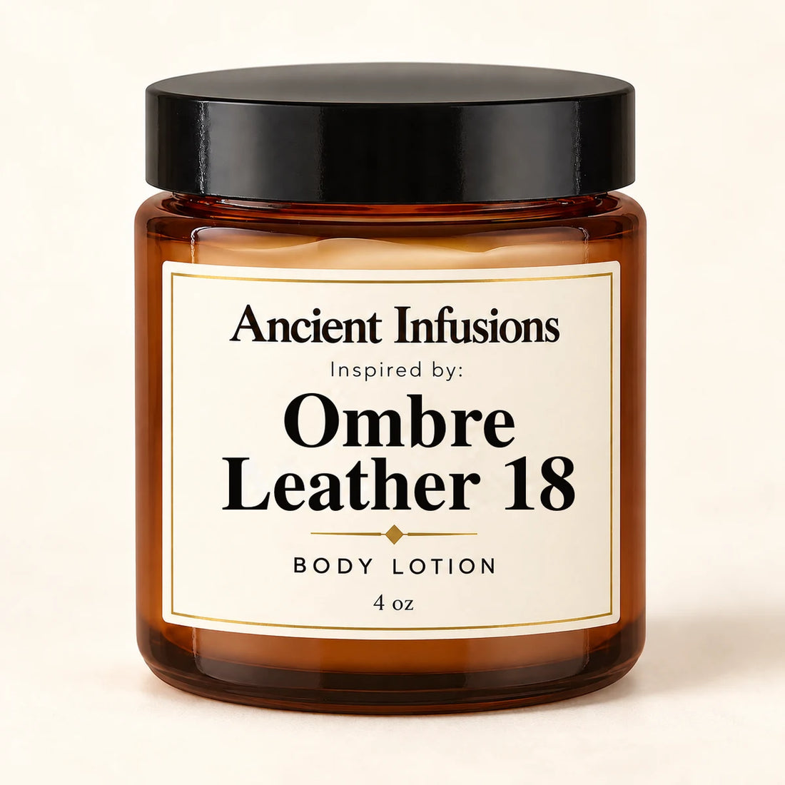 Ombre Leather 18 Inspired Body Lotion by Ancient Infusions — 4 oz amber glass jar