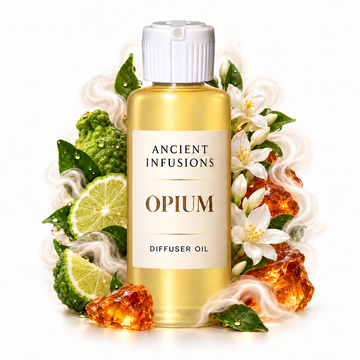 Opium Diffuser Oil by Ancient Infusions with golden oil, white cap and matching scent artwork
