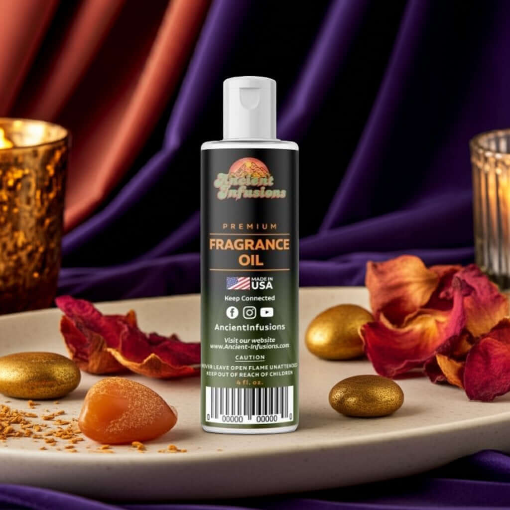 Opium Fragrance Oil bottle surrounded by petals and candles on a decorative surface.
