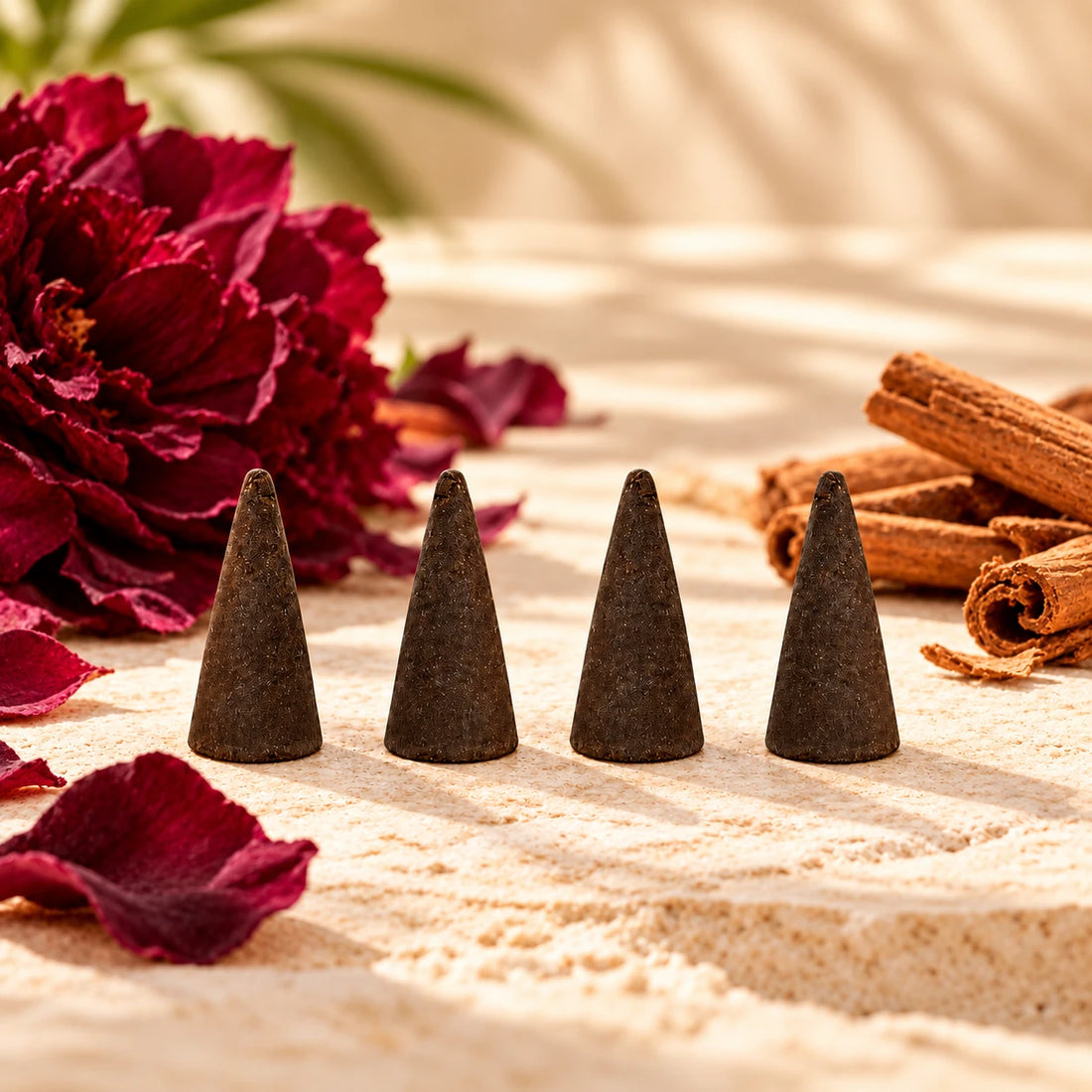 Opium Incense Cones on cream stone.