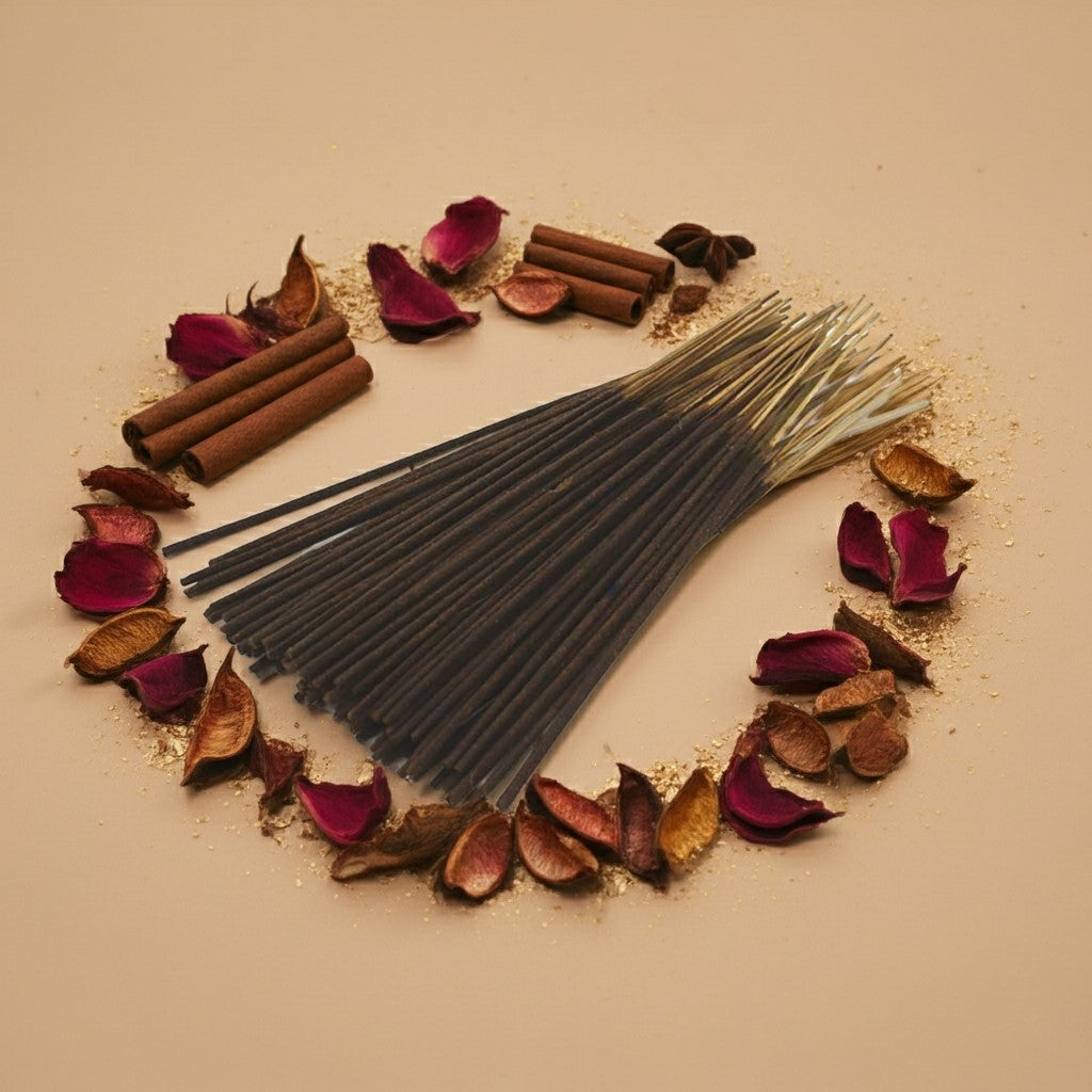 Opium Incense Sticks with cinnamon sticks, rose petals, and other botanicals on a beige background