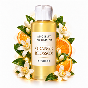 Orange Blossom Diffuser Oil by Ancient Infusions in a golden oil bottle with scent artwork