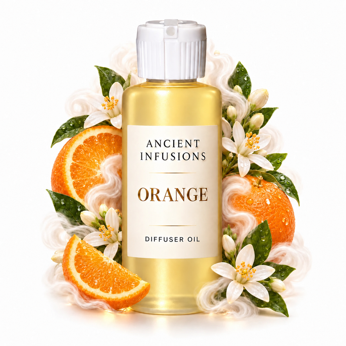 Orange Diffuser Oil by Ancient Infusions with golden oil, white cap and matching scent artwork
