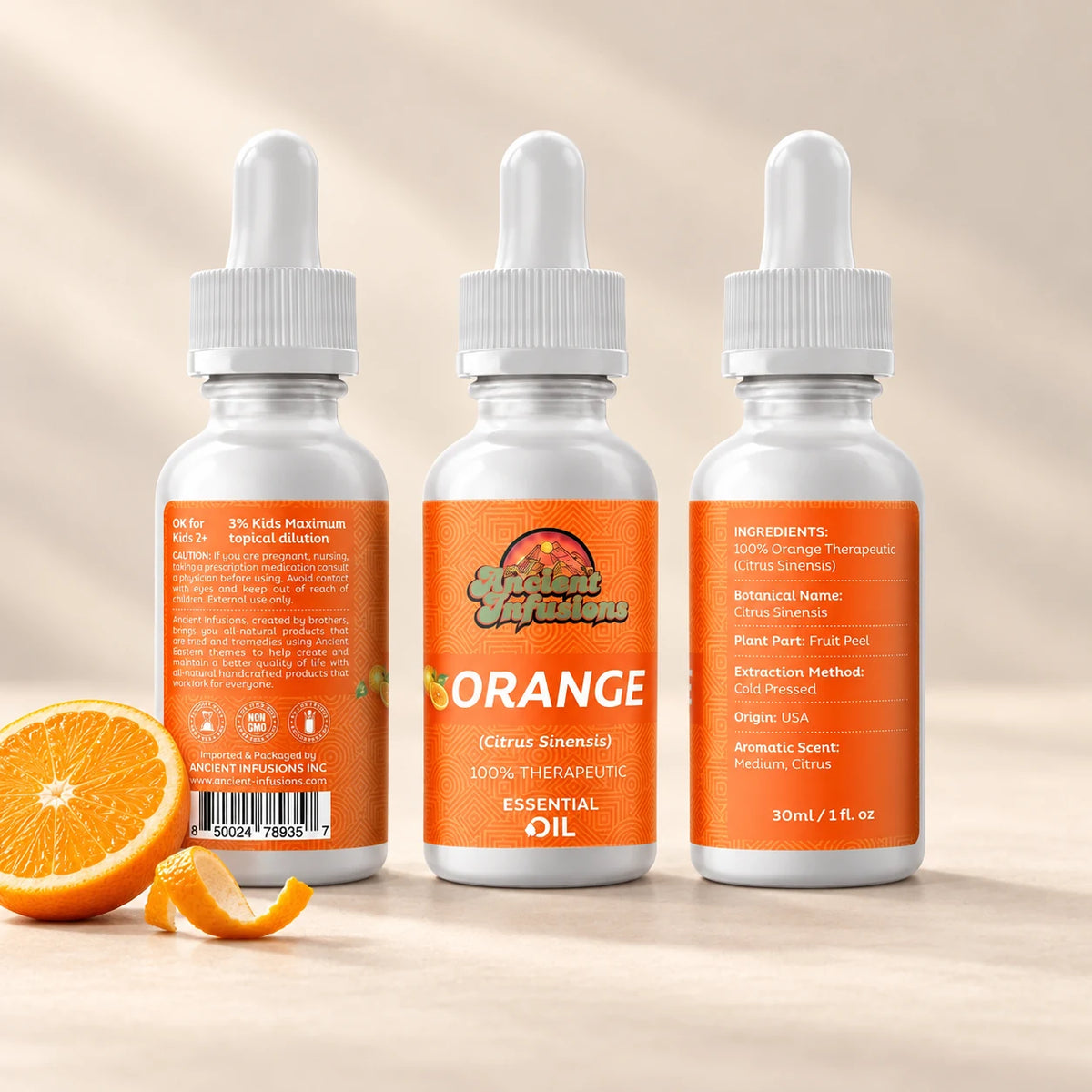 Ancient Infusions Orange Essential Oil front and side label views on an ivory background.