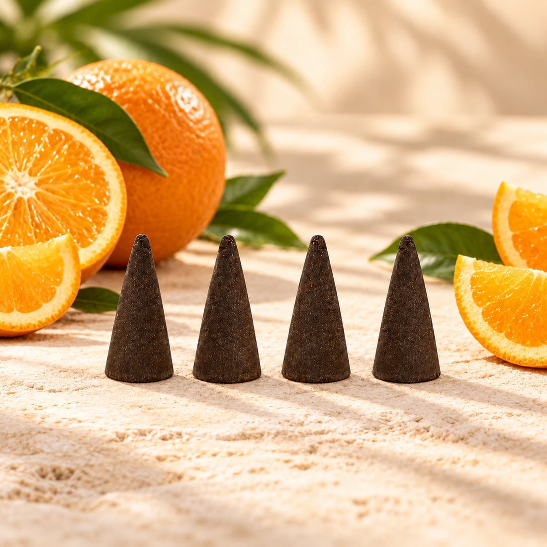 Orange Incense Cones on cream stone.