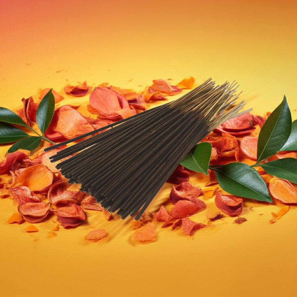 Orange Incense Sticks with dried flowers and leaves on a yellow background