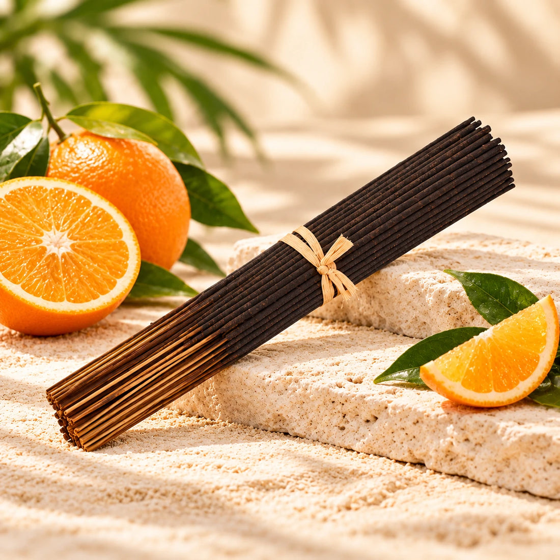 Orange Incense Sticks on cream stone.