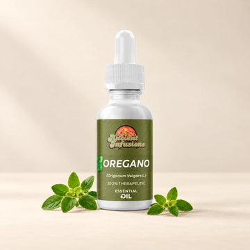 Ancient Infusions Oregano Essential Oil bottle with botanicals on a soft ivory background.
