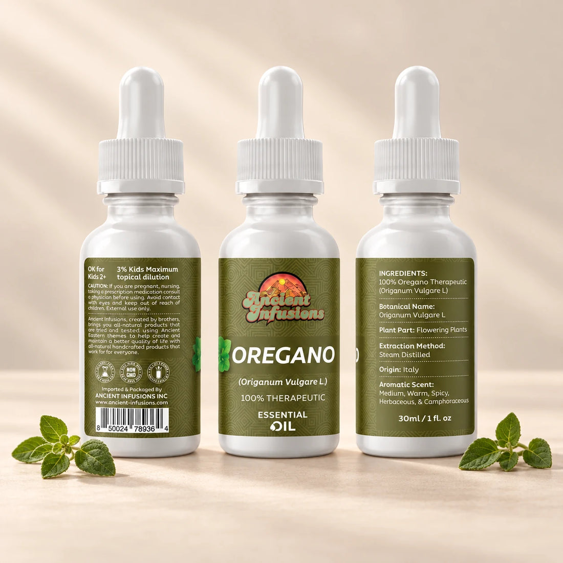 Ancient Infusions Oregano Essential Oil bottle with botanicals on a soft ivory background.