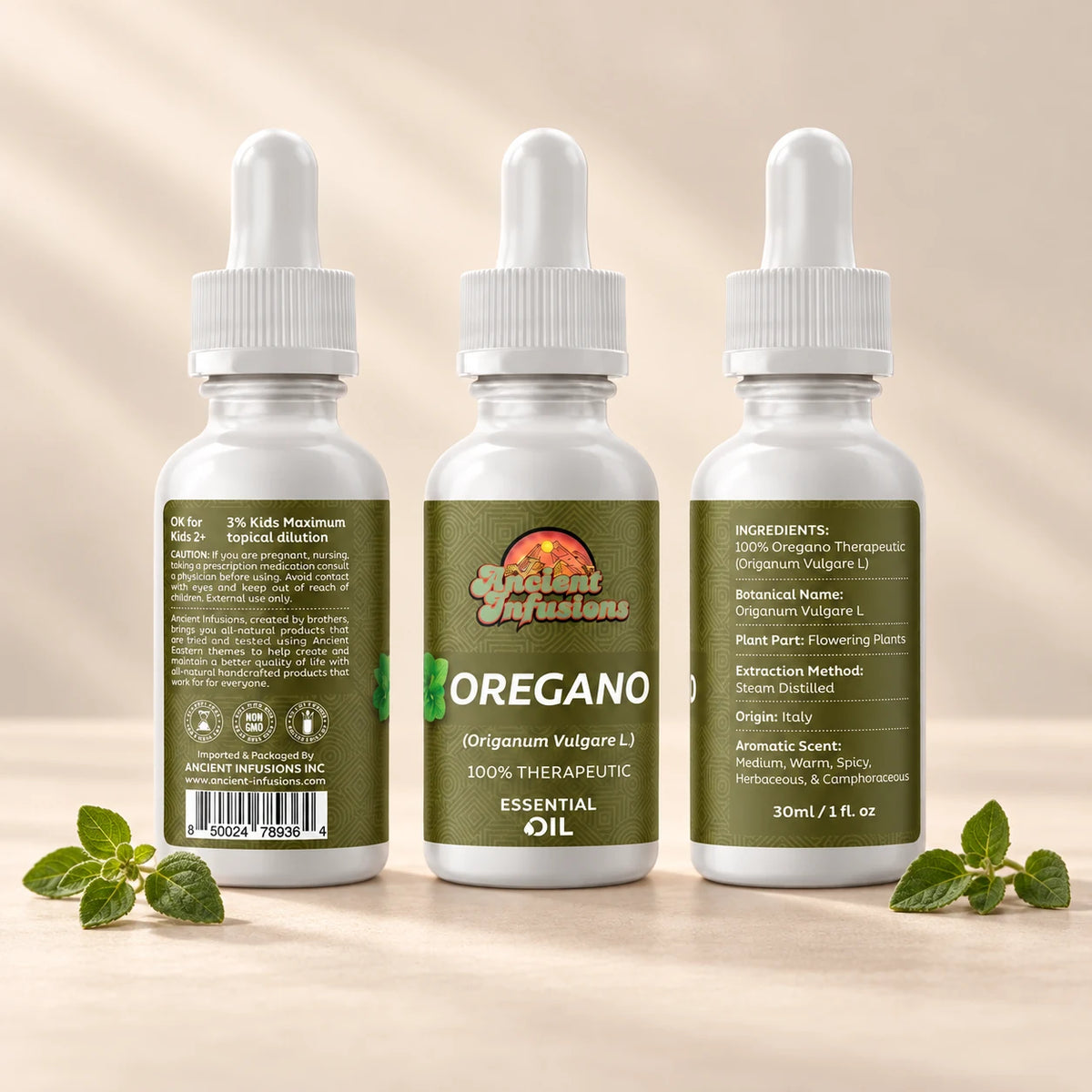 Ancient Infusions Oregano Essential Oil front and side label views on an ivory background.
