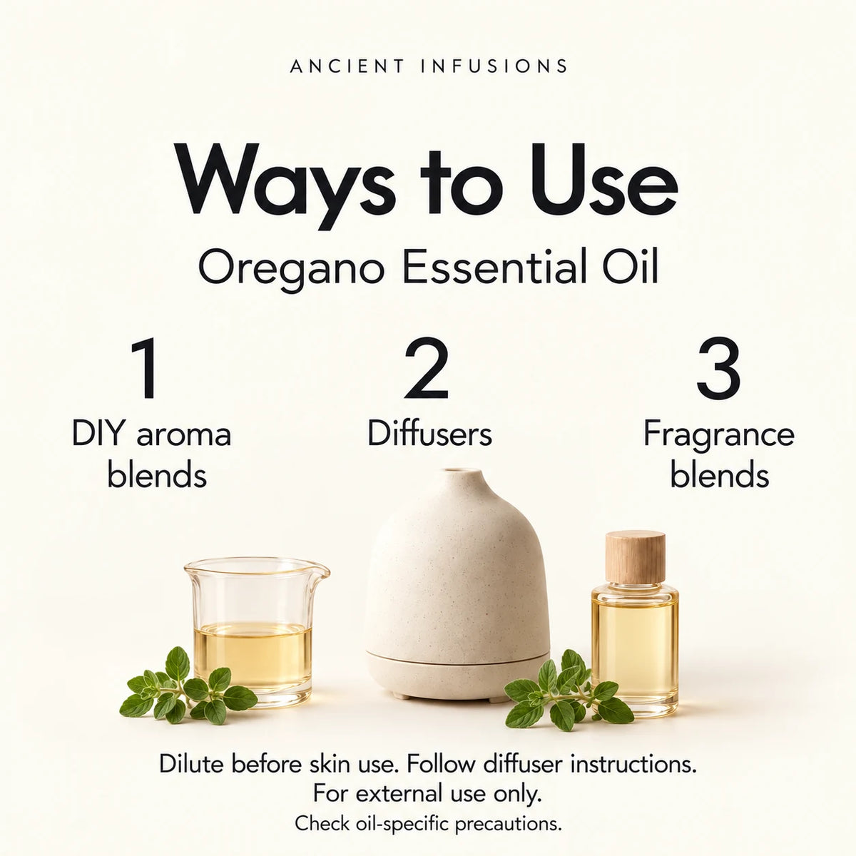 Oregano Essential Oil uses: DIY aroma blends, diffusers and fragrance blends. Dilute before skin use; follow diffuser instructions; check oil-specific precautions.