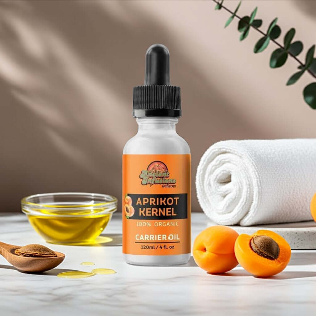 Organic apricot kernel oil by Ancient Infusions – 100% pure cold-pressed oil for skin nourishment, massage, and natural beauty care.
