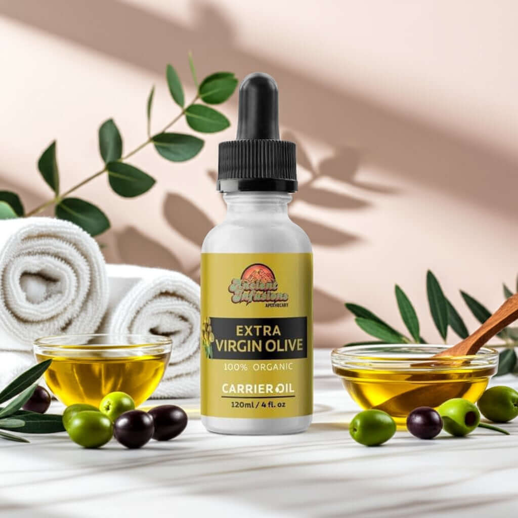 Organic extra virgin olive oil carrier oil by Ancient Infusions – 100% pure cold-pressed oil for skin nourishment, hair care, and natural hydration.