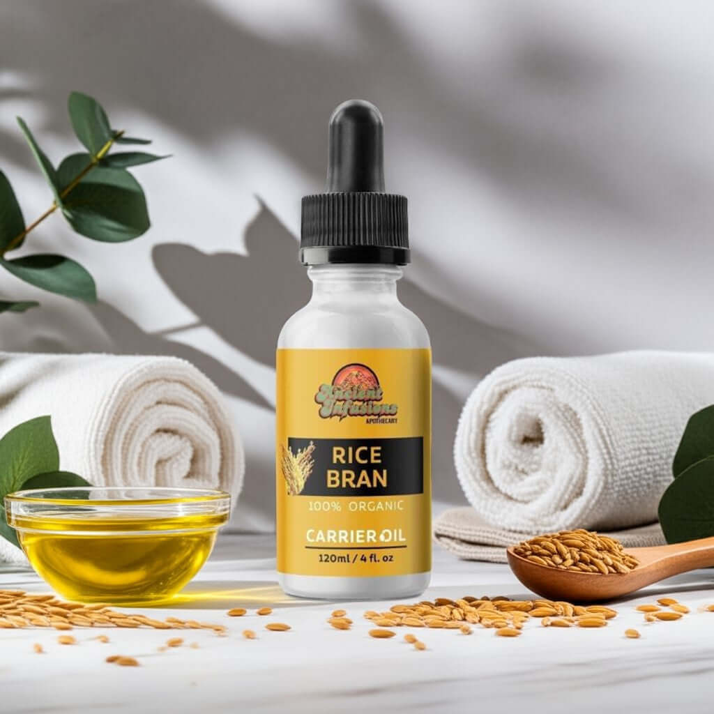 Organic rice bran oil carrier oil by Ancient Infusions – 100% pure cold-pressed oil for skin hydration, anti-aging, and natural sun protection.