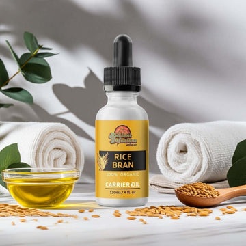 Organic rice bran oil carrier oil by Ancient Infusions – 100% pure cold-pressed oil for skin hydration, anti-aging, and natural sun protection.
