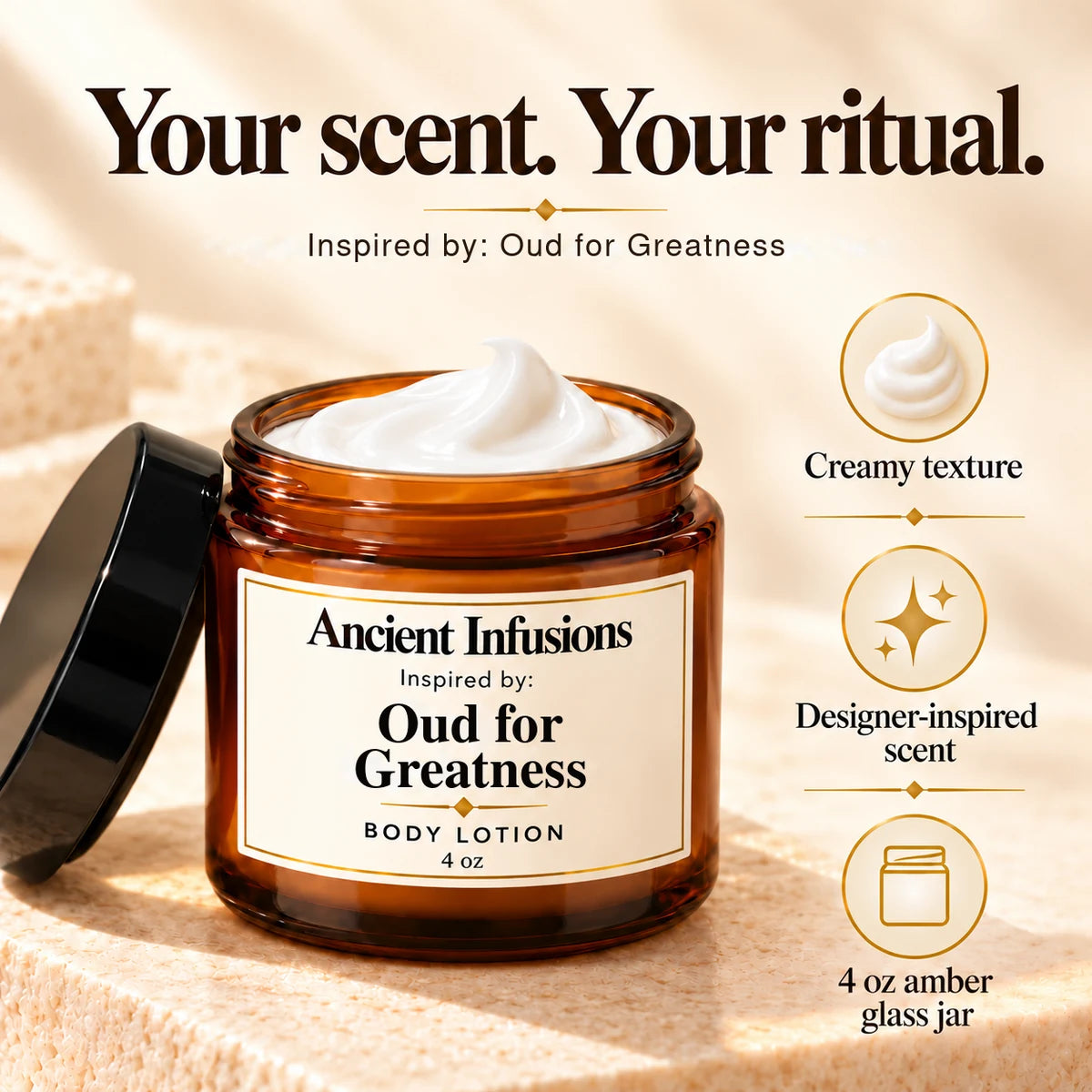 Oud for Greatness Inspired Body Lotion by Ancient Infusions — rich creamy texture