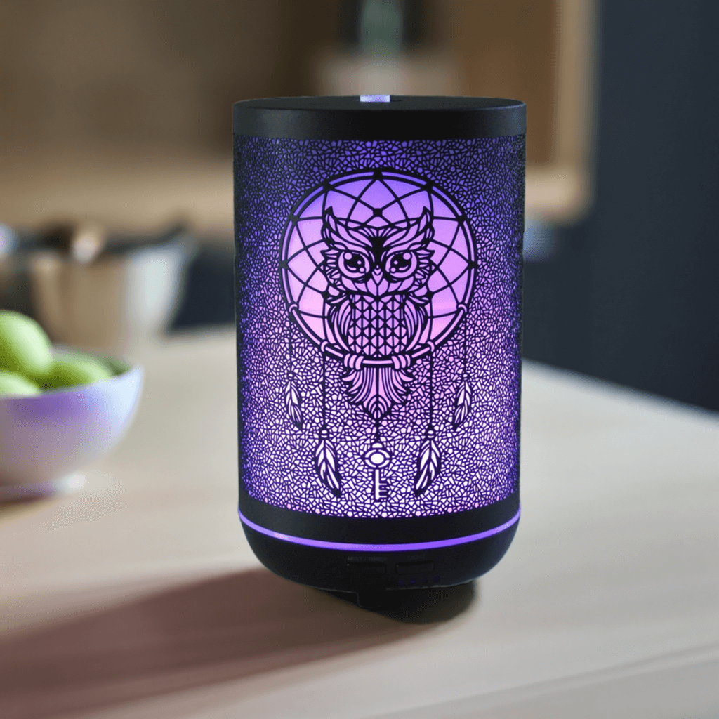 Owl Dreamcatcher Aroma Diffuser – Stylish Design with LED Color Options, Available in 300 ml and 120 ml Tank Sizes for Essential Oils and Fragrance Oils.