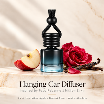 Hanging car diffuser inspired by Paco Rabanne 1 Million Elixir, with scent illustrations on warm ivory stone