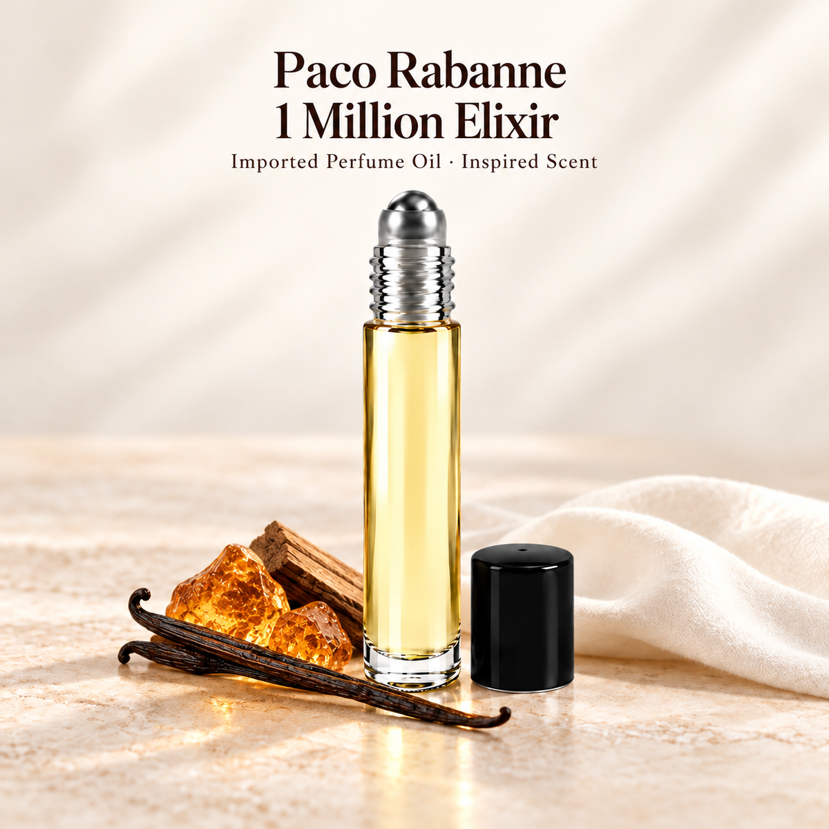 Paco Rabanne 1 Million Elixir Perfume Oil with minimal scent note accents on soft ivory