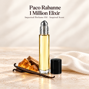 Paco Rabanne 1 Million Elixir Perfume Oil with minimal scent note accents on soft ivory