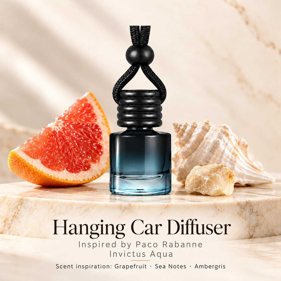 Hanging car diffuser inspired by Paco Rabanne Invictus Aqua on ivory stone with scent inspiration props