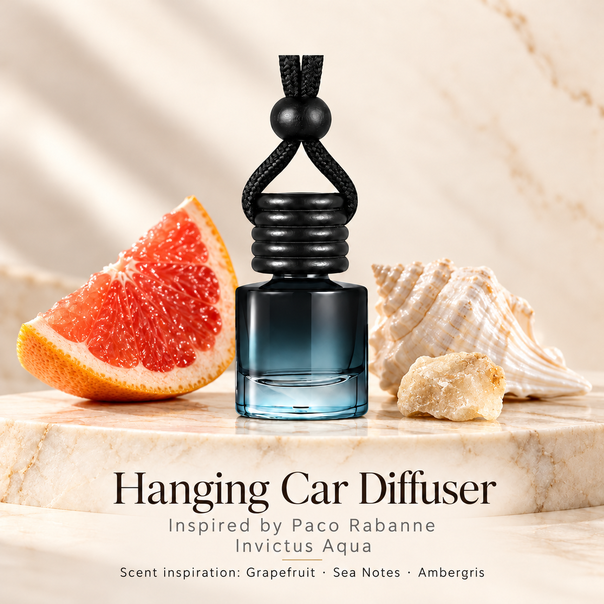Hanging car diffuser inspired by Paco Rabanne Invictus Aqua on ivory stone with scent inspiration props