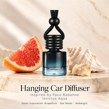 Hanging car diffuser inspired by Paco Rabanne Invictus Aqua on ivory stone with scent inspiration props