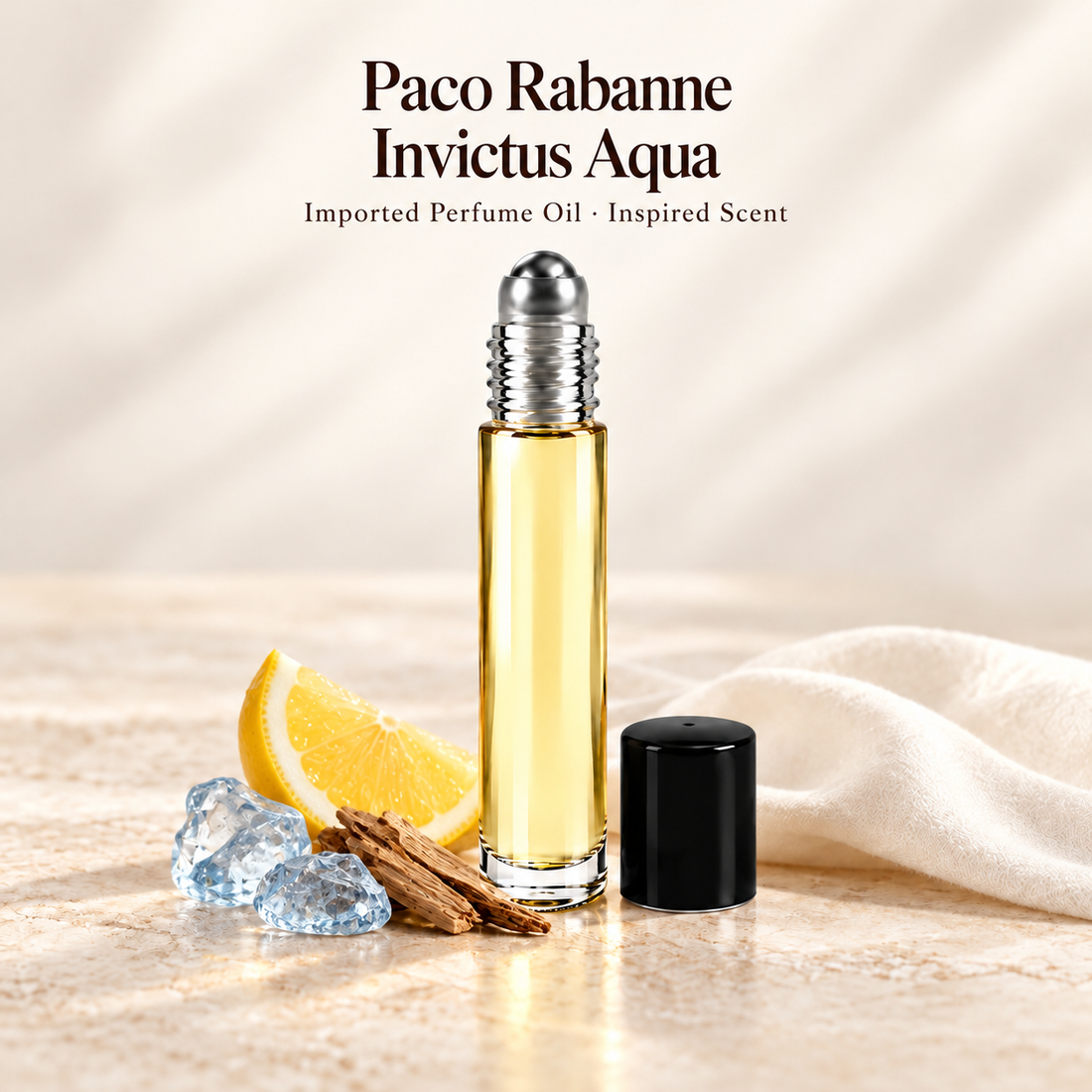 Paco Rabanne Invictus Aqua Perfume Oil with minimal scent note accents on soft ivory