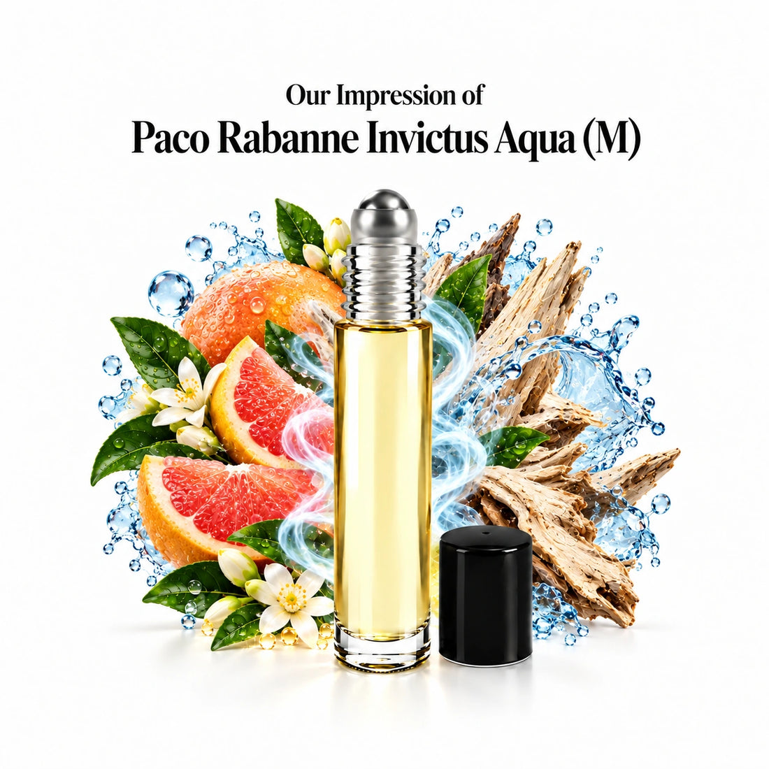 Paco Rabanne Invictus Aqua (M) perfume oil with a centered roll-on bottle and fragrance-note arrangement, generous white margins.