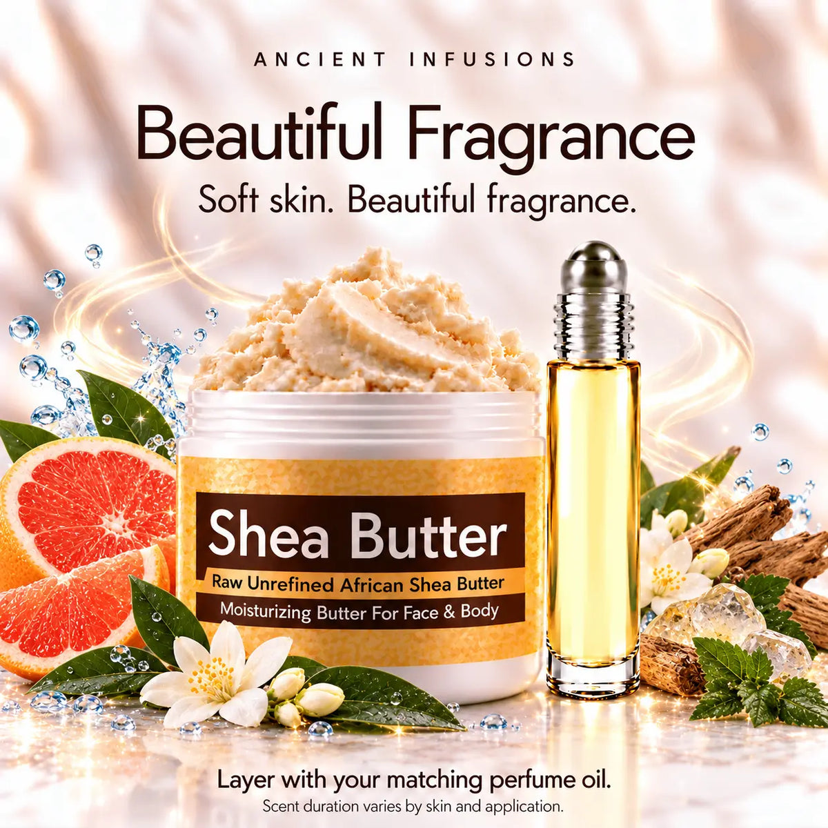 Paco Rabanne Invictus-inspired shea butter and matching perfume oil for fragrance layering; scent duration varies.