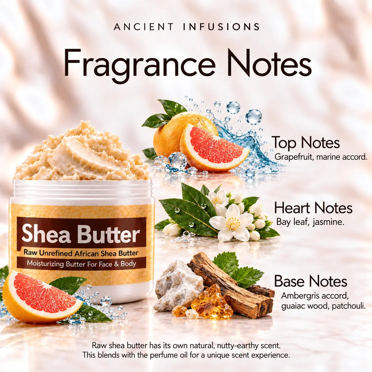 Paco Rabanne Invictus-inspired shea butter fragrance notes: grapefruit and marine accord; bay leaf and jasmine; ambergris accord, guaiac wood and patchouli.