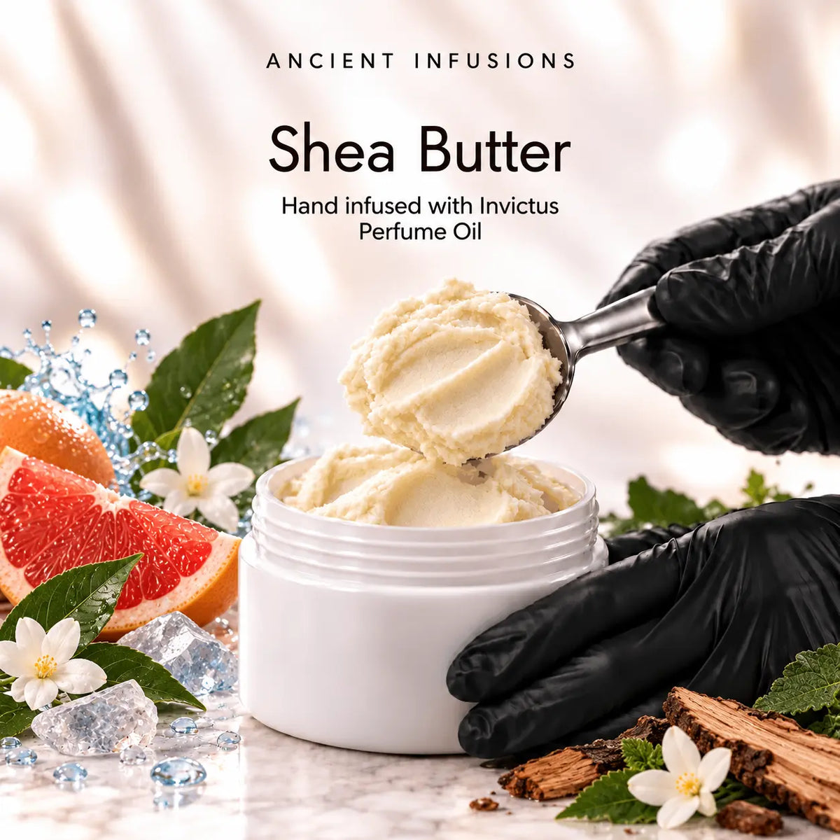 Black vinyl-gloved hands scoop raw shea butter hand infused with Invictus perfume oil.
