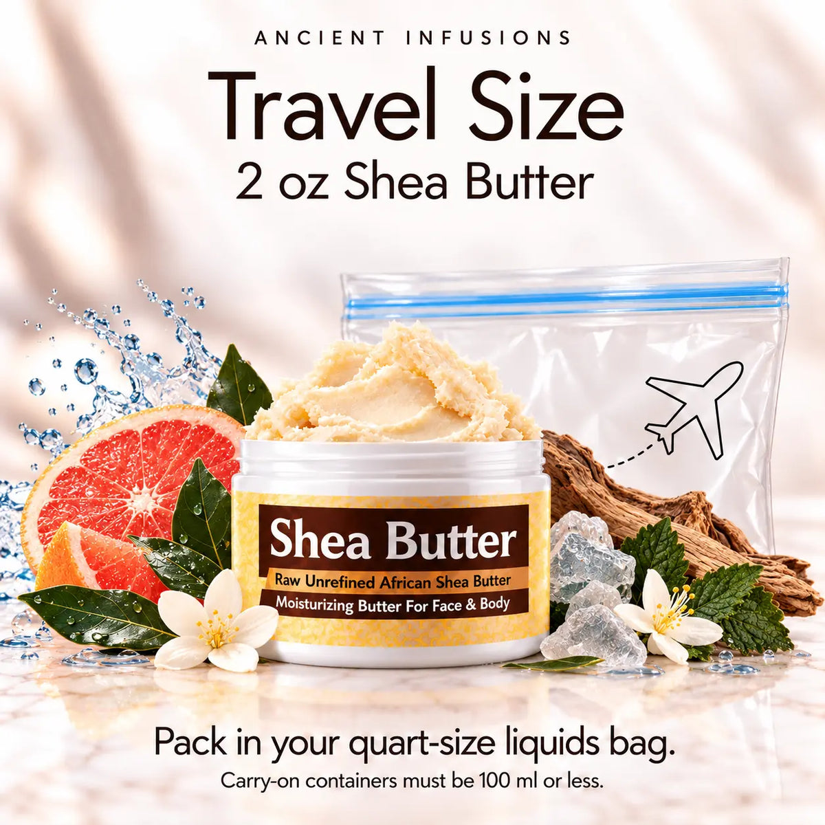 Two-ounce Paco Rabanne Invictus-inspired shea butter with quart-size liquids bag and carry-on packing guidance.