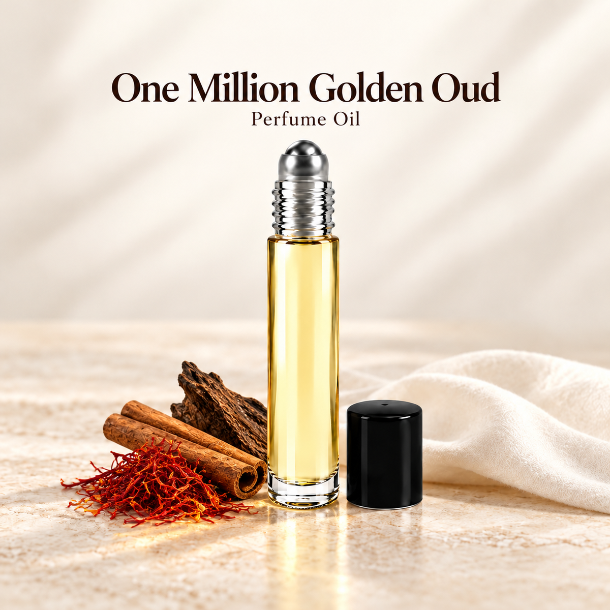 Paco Rabanne One Million Golden Oud Perfume Oil with simple scent note accents on soft ivory