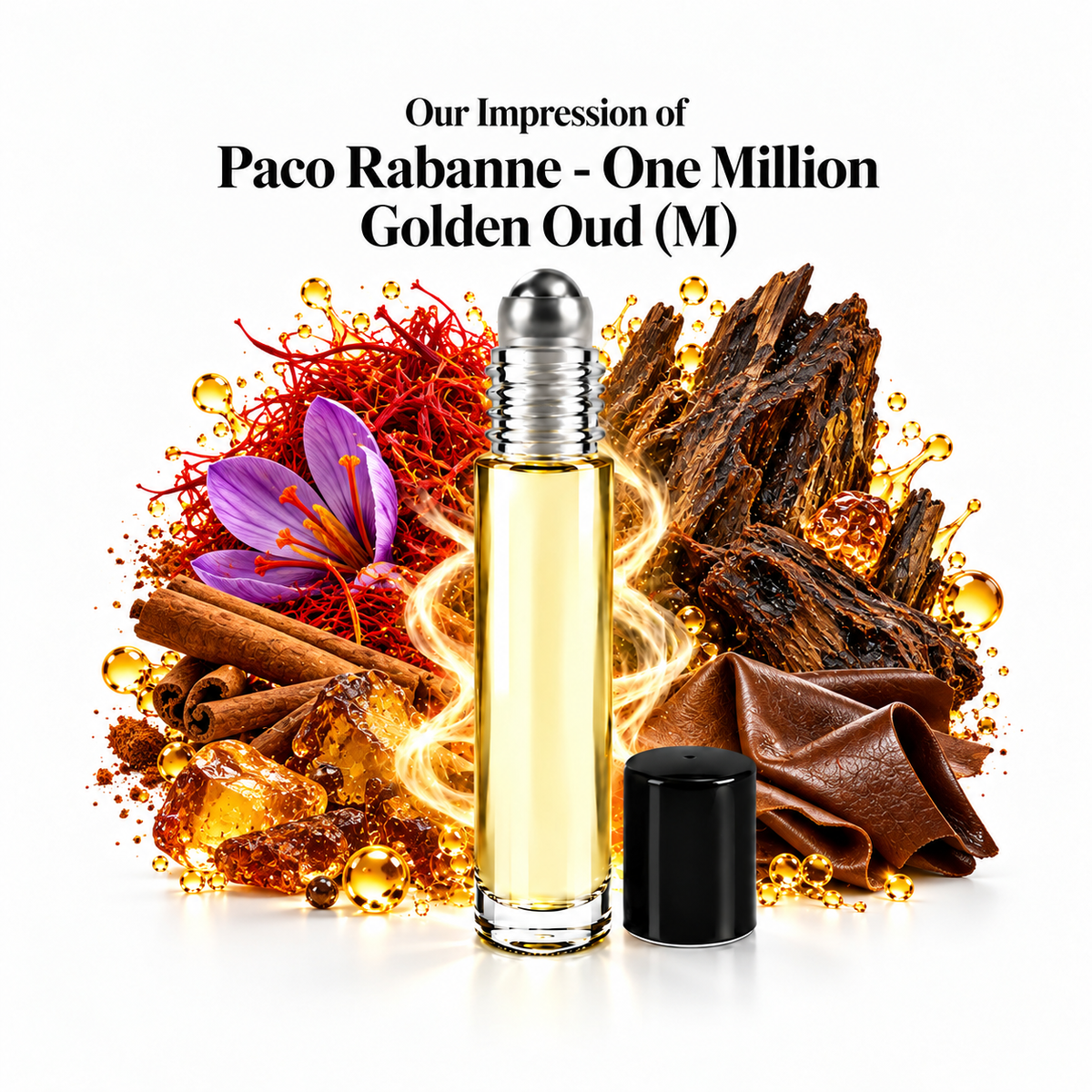 Paco Rabanne One Million Golden Oud Perfume Oil roll-on with scent-note imagery