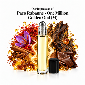 Paco Rabanne One Million Golden Oud Perfume Oil roll-on with scent-note imagery