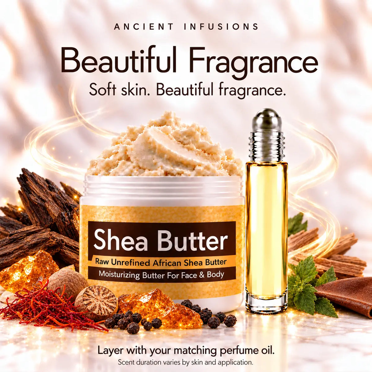 Paco Rabanne One Million Golden Oud-inspired shea butter and matching perfume oil for fragrance layering; scent duration varies.