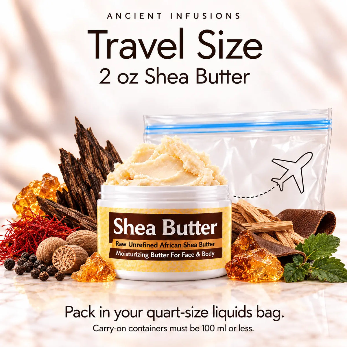 Two-ounce Paco Rabanne One Million Golden Oud-inspired shea butter with quart-size liquids bag and carry-on packing guidance.