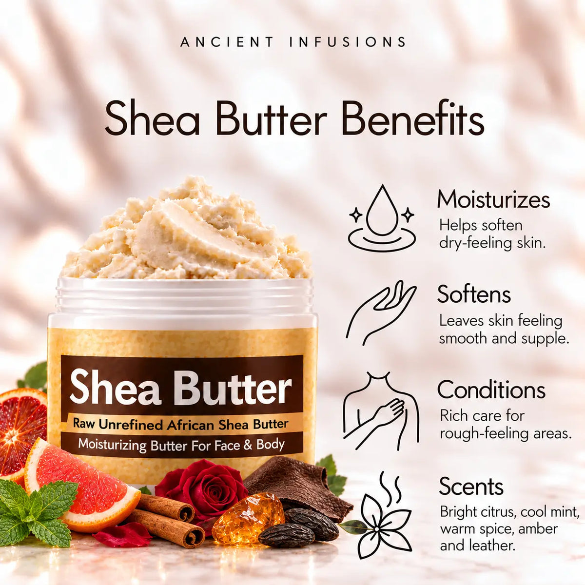 Paco Rabanne One Million-inspired shea butter moisturizing, softening, conditioning and bright citrus, cool mint, warm spice, amber and leather scented-skin benefits.
